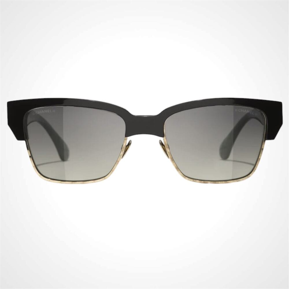 New CHANEL Sunglasses Black Gold Cat Eye Square Metal Acetate Quilted Womens - Picture 2 of 5